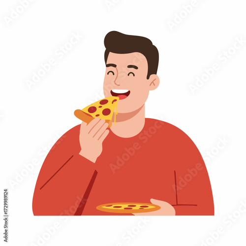 Flat Illustration Happy Man Eating Delicious Pizza Slice Character
