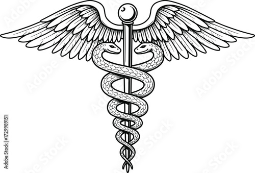 Caduceus medical symbol illustration with staff, wings, and snakes, healthcare and medicine vector design, pharmacy, hospital, doctor, nurse, clinic artwork