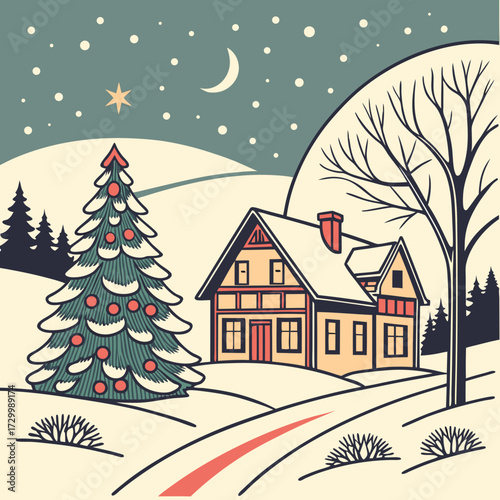 Winter's Embrace A Cozy Christmas Scene with House and Tree