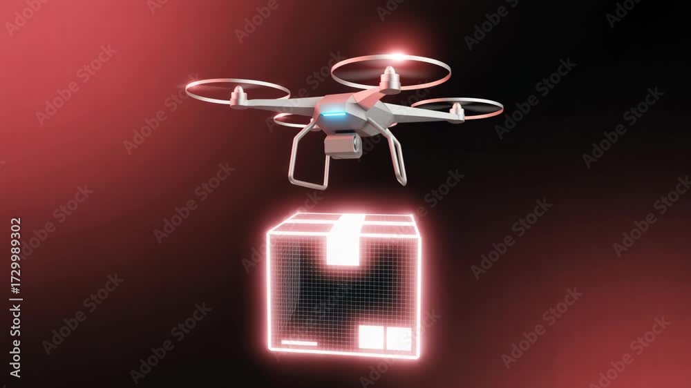 Drone Delivery: The image depicts a futuristic delivery scenario where a drone carries a parcel against a vibrant red gradient.