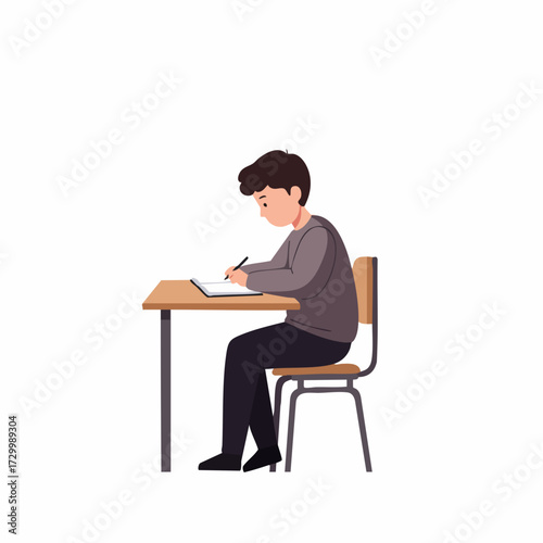 Flat Illustration of Student Studying at Desk in School Classroom