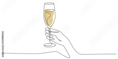 Continuous one line drawing vector illustration of a hand holding a champagne flute vector