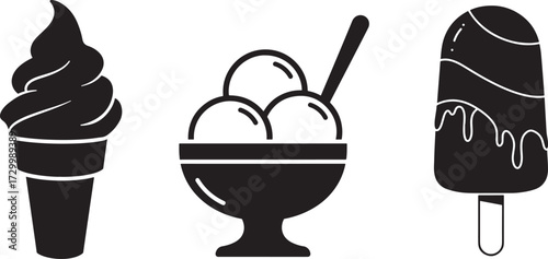 Three ice cream desserts silhouette isolated on transparent background