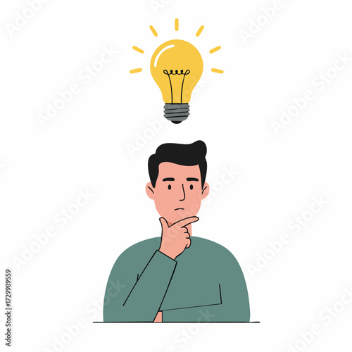 Flat Illustration Thinking Man Under Light Bulb Idea Generation Concept