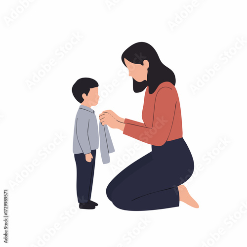 Minimalist Flat Illustration Mother Helping Her Son Get Dressed Together