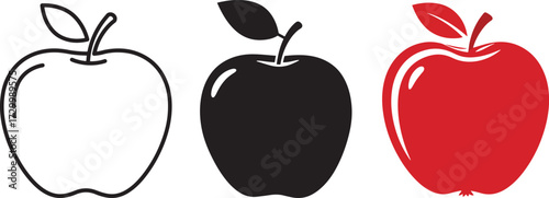 Three stylized apples in outline silhouette and red color isolated on transparent background