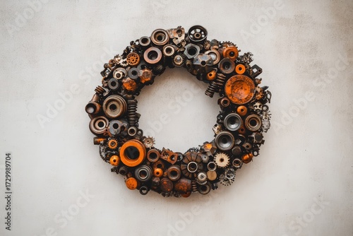 A decorative wreath crafted from various metal components, including gears, nuts, bolts, and springs, creates a captivating design.