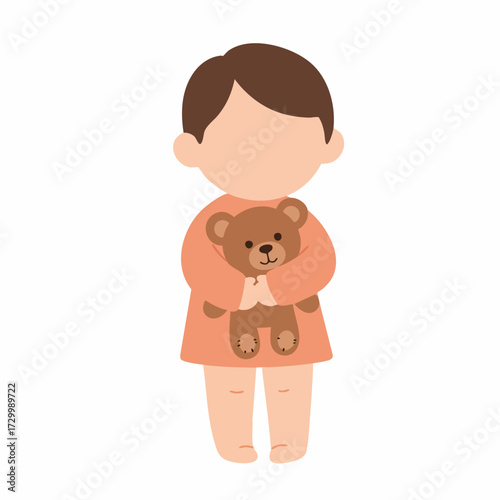 Cute Flat Illustration of a Young Girl Hugging a Teddy Bear Doll