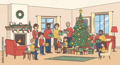A family gathering around a Christmas tree exchanging gifts in a cozy living room with a fireplace.