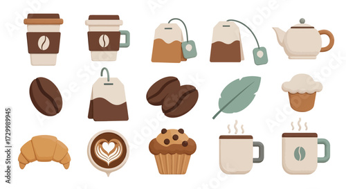 Collection of Coffee and Tea Related Items and Pastries.