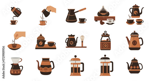 Collection of Coffee Brewing Methods and Equipment Illustrations.