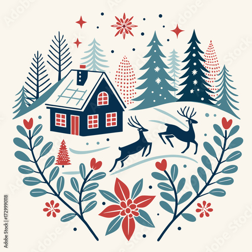 Festive Winter Wonderland Scene A Cozy Cabin, Reindeer, and Snow-Kissed Landscape