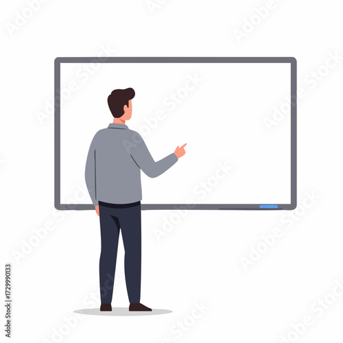 Minimalist Illustration Man Presenting on Interactive Whiteboard Screen in Office