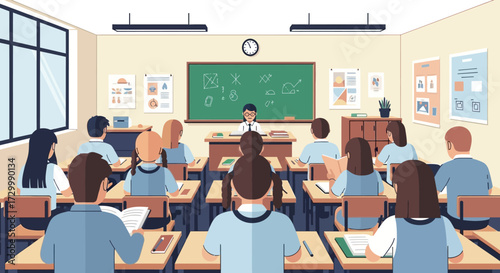A classroom scene with students listening to a teacher at the front.