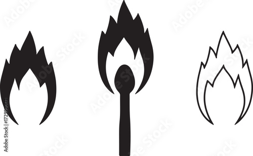 Burning match. Fire. Set of isolated black vector icons isolated on white background.

