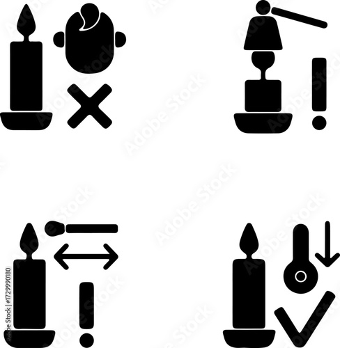 Burning candles safely black glyph manual label icons set on white space. Use candle snuffer. Keep kids away. Silhouette symbols. Vector isolated illustration for product use instructions

