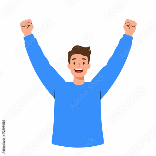 Flat Style Full Body Happy Man Raising Arms Up Illustration