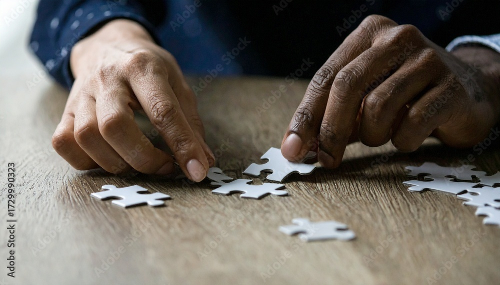 Obraz premium Close-up of two hands joining puzzle pieces on wooden table, symbolizing teamwork, partnership, problem solving, collaboration, and relationship building.