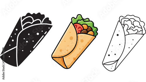 Three styles of burrito illustration isolated on transparent background silhouette