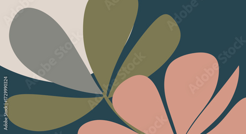 Abstract floral illustration with overlapping shapes in muted pink, green, gray, and white against a dark blue background.