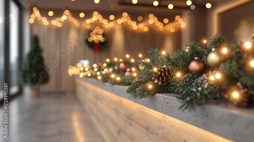 Blurred abstract office interior background at reception center adorned with festive Christmas decorations