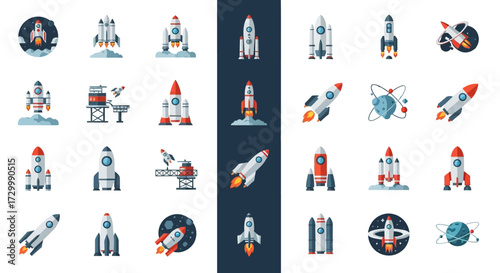 Collection of Colorful Rocket Ship Illustrations for Space Exploration.