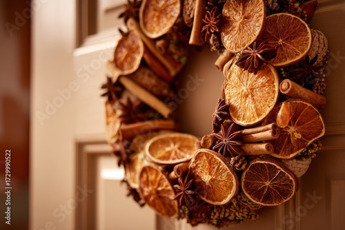 A decorative wreath crafted from dried orange slices, cinnamon sticks, and star anise, showcasing a warm autumnal color palette.