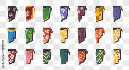 Collection of Colorful Sarongs with Tropical Patterns.