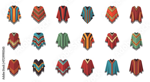 Collection of Colorful Striped Ponchos - A Vibrant Display of Ethnic Fashion.