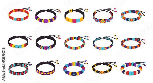 Collection of colorful woven friendship bracelets with adjustable ties.
