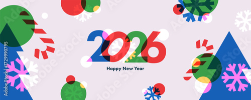 Happy New Year 2026 greeting banner. Trendy modern Xmas design with 2026 typography, overlay elements, candy cane, snowflake, Christmas tree. Horizontal poster, greeting card, header for website