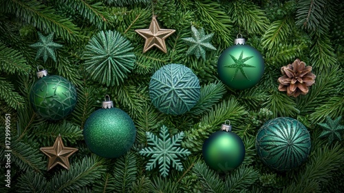 Christmas background featuring pine decorations and colorful baubles arranged on green greeting card flat lay top view