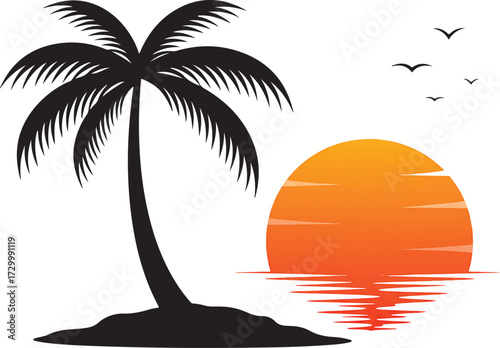 Tropical island palm tree silhouette at sunset with ocean reflection isolated on transparent background