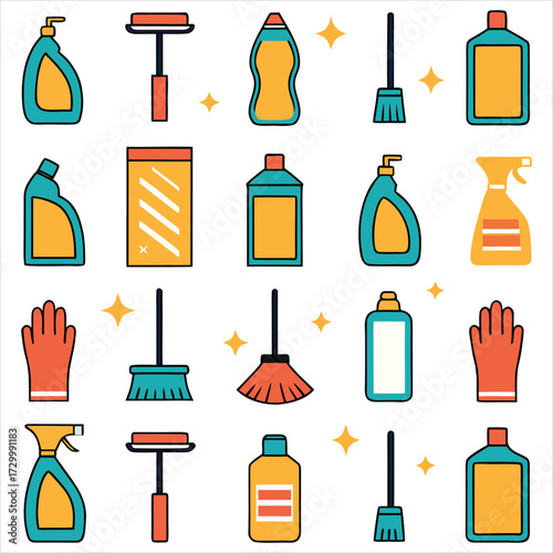 Cleaning supplies icons bottles spray