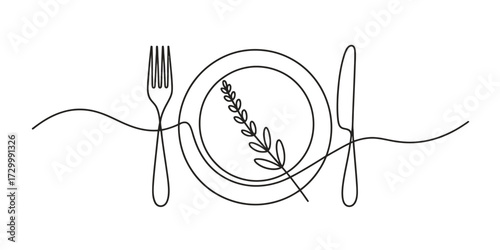 Elegant continuous one line drawing vector illustration of a plate fork and knife with lavender vector