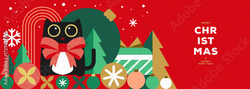 Christmas holiday flat poster or banner with funny cat, Christmas tree, gift box, baubles, and snowflakes. Christmas greeting card design. Vector illustration