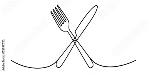 Continuous line drawing of a fork and knife vector illustration vector