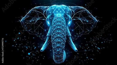 Illustration of an elephant head in digital polygon style glowing neon blue.