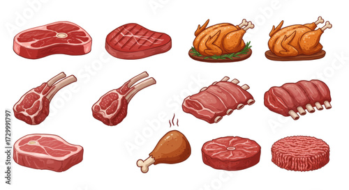 Set of delicious meat products, including steak, chicken, lamb chops, and ribs, perfect for culinary or advertising use