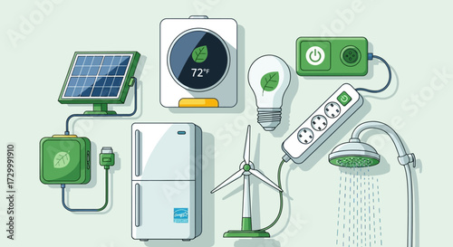 Illustration showcasing various green energy and energy-saving appliances, including solar panel, fridge, and wind turbine.