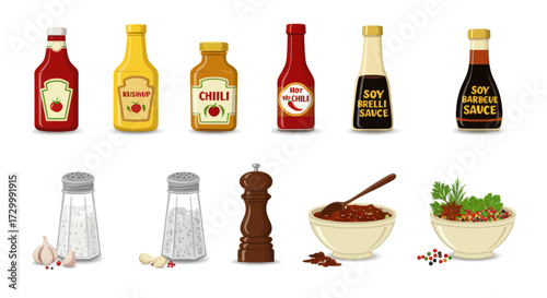 A collection of kitchen condiment bottles and seasonings including ketchup, mustard, chili, soy sauce, salt, pepper, and garlic