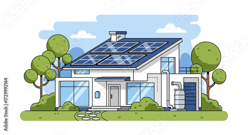 Modern house with solar panels on the roof, surrounded by trees and greenery, showcasing sustainable living.