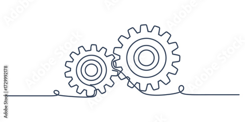 Continuous one line drawing vector illustration of interlocking gears symbolizing work and progress vector
