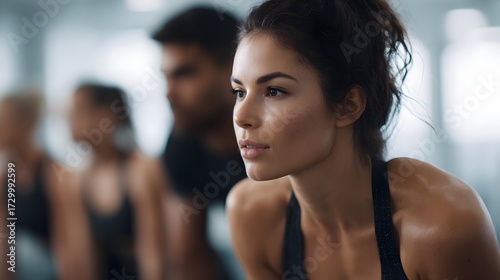 Focused woman during a fitness class in a gym with blurred group in background Free Download Focused woman during a fitness class in a gym with blurred group in background - GFXLoad