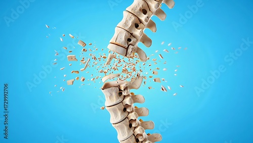 Fototapeta Naklejka Na Ścianę i Meble -  3D medical illustration of human spine showing osteoporosis bone loss. Visualizes vertebrae deterioration, calcium deficiency, brittle structure, spinal weakness, anatomy, diagnosis, treatment.
