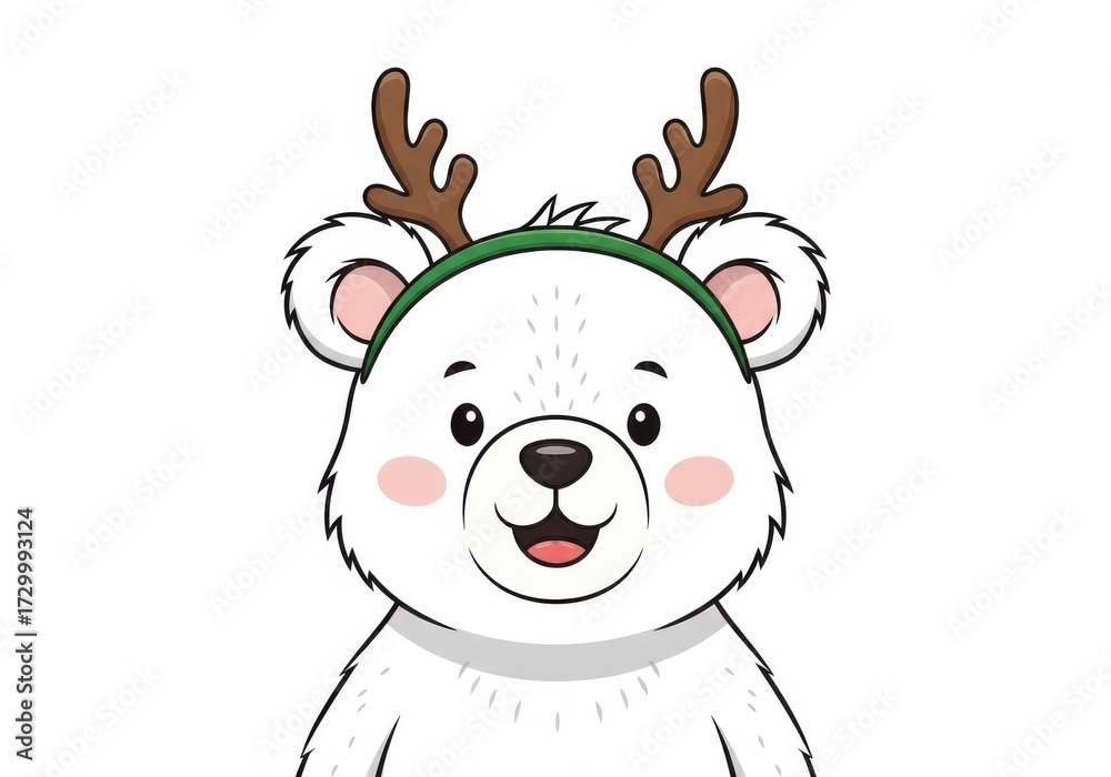 Fototapeta premium Cute cartoon polar bear wearing reindeer antlers and green headband animal