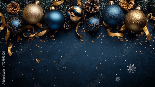 Festive Christmas and New Year Banner Featuring Gold and Blue Ornaments Sparkling Ribbons and Delicate Snowflakes on Dark Blue Background