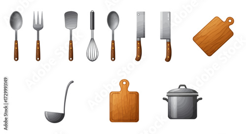 Collection of kitchen utensils and cooking equipment for culinary preparation and meal creation