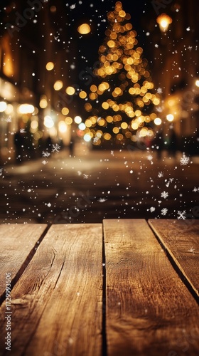 Festive Christmas Background Featuring Wooden Table Top with Twinkling Lights and Snowflakes