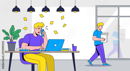 Vector art of stressed businessman talking on the phone at his desk with papers flying around him in a modern office environment, while another man walks by